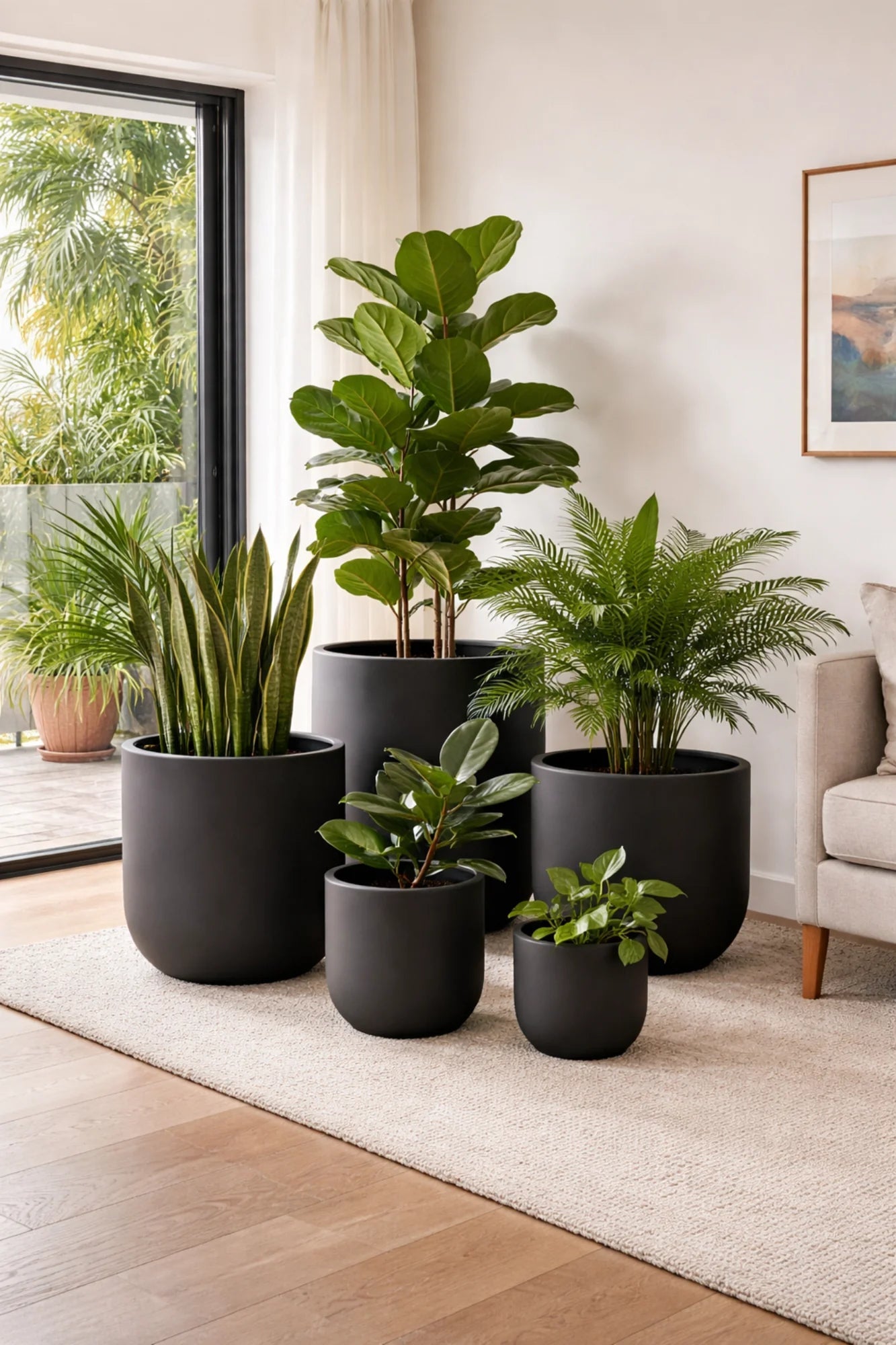 Collection of potted plants in a living room setting with a neutral color palette.