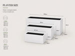Dimensions of modern rectangular planters in three sizes on a white background