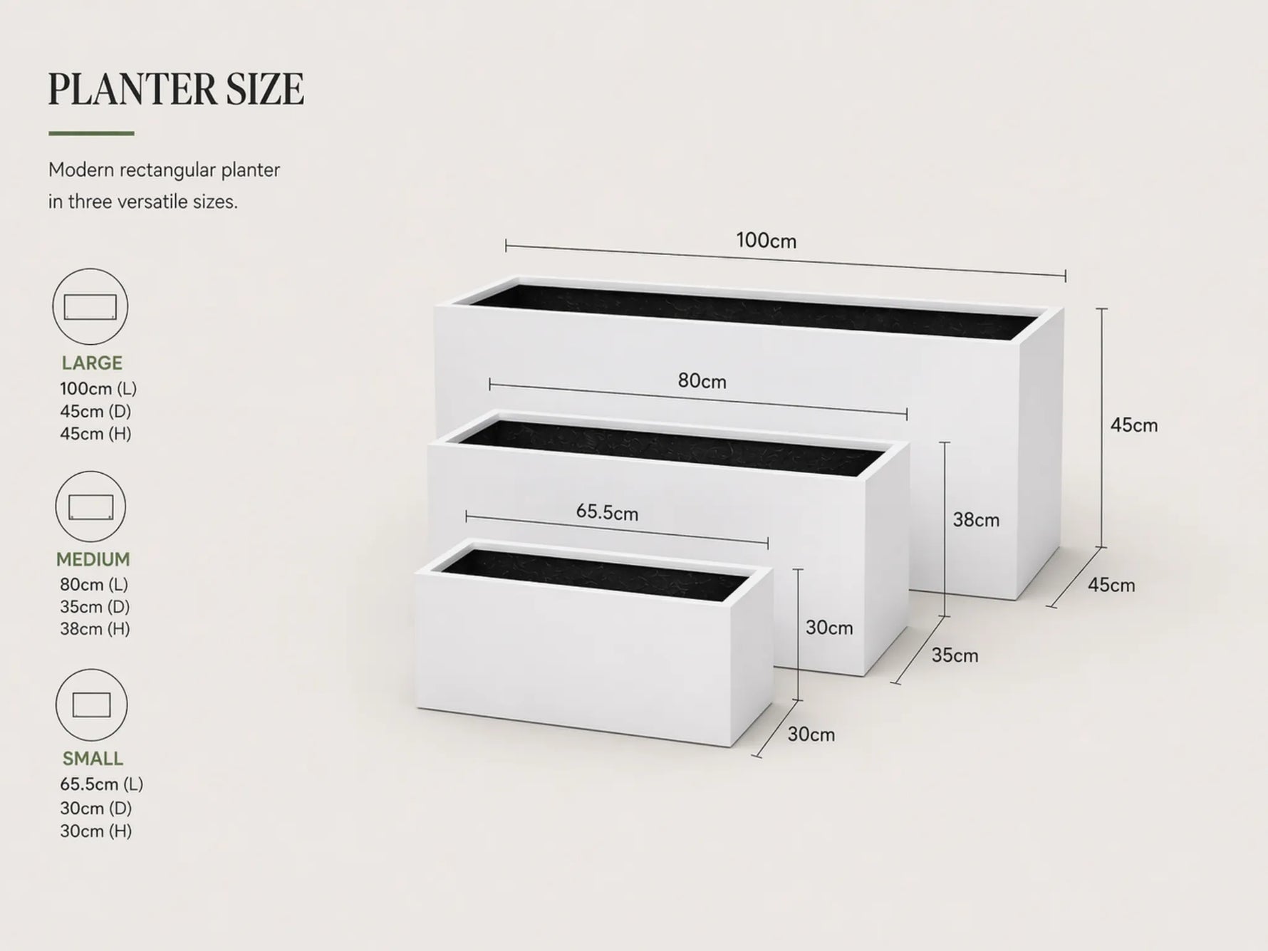 Dimensions of modern rectangular planters in three sizes on a white background