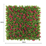 Square artificial plant panel with green leaves and pink flowers, 100cm x 100cm.