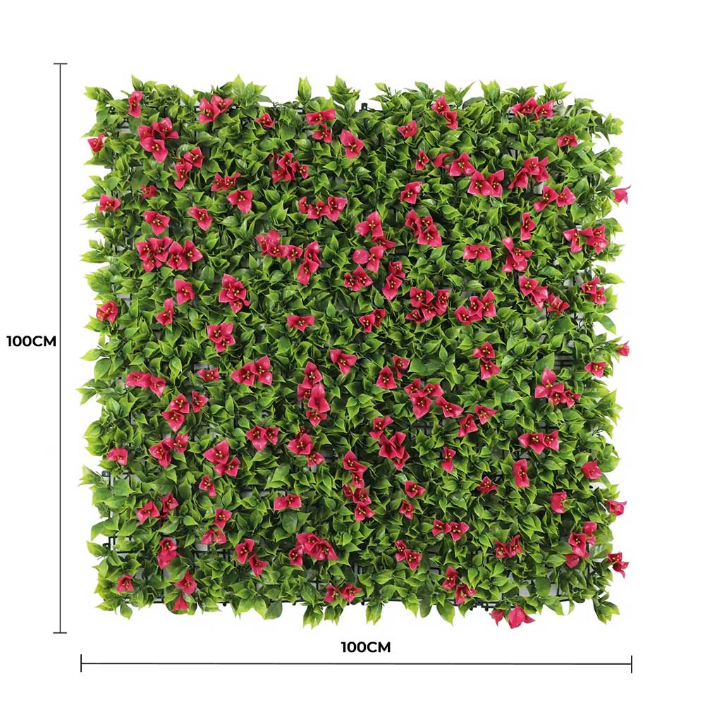 Square artificial plant panel with green leaves and pink flowers, 100cm x 100cm.