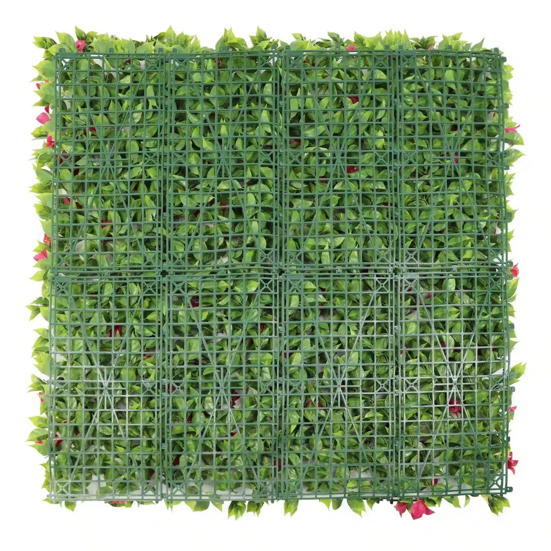 Artificial green wall panel with grid pattern on a white background