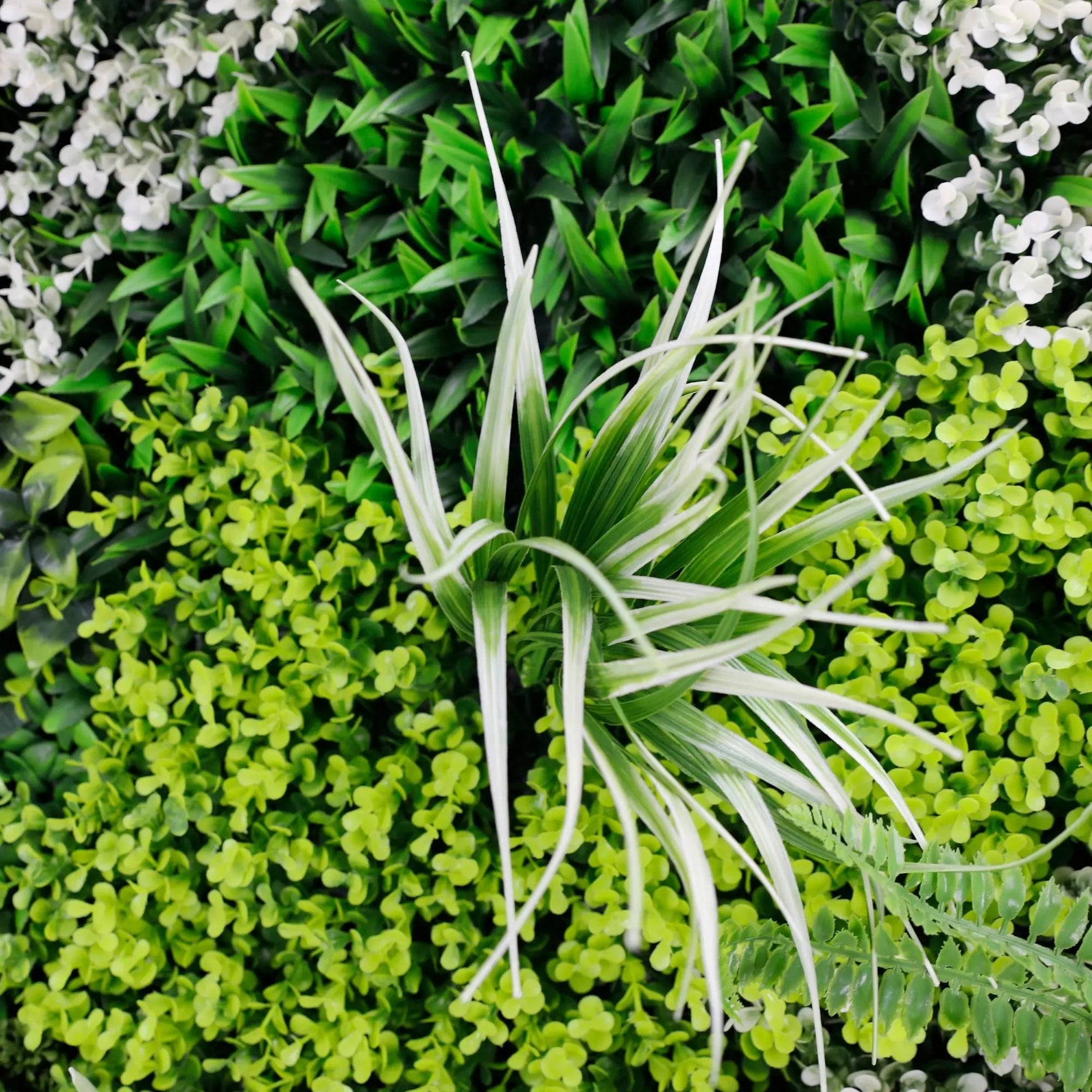 Artificial greenery with a focus on a single plant in the foreground