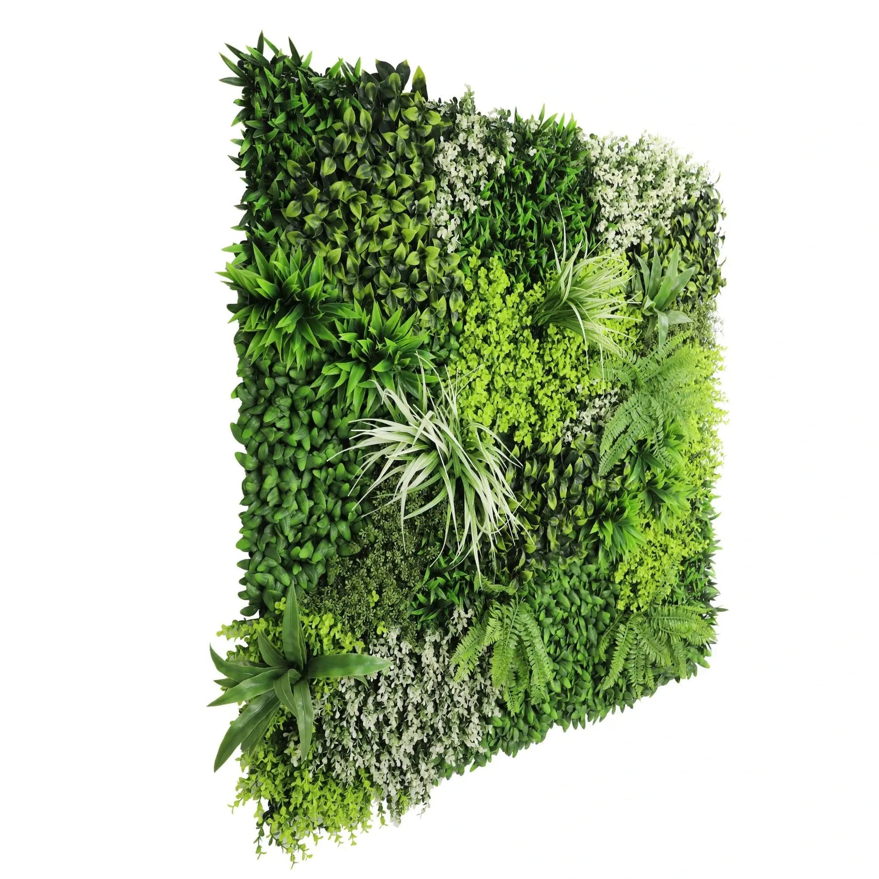 Artificial vertical garden panel with greenery on a white background