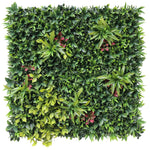 Artificial green wall panel with a mix of green and pink leaves on a white background
