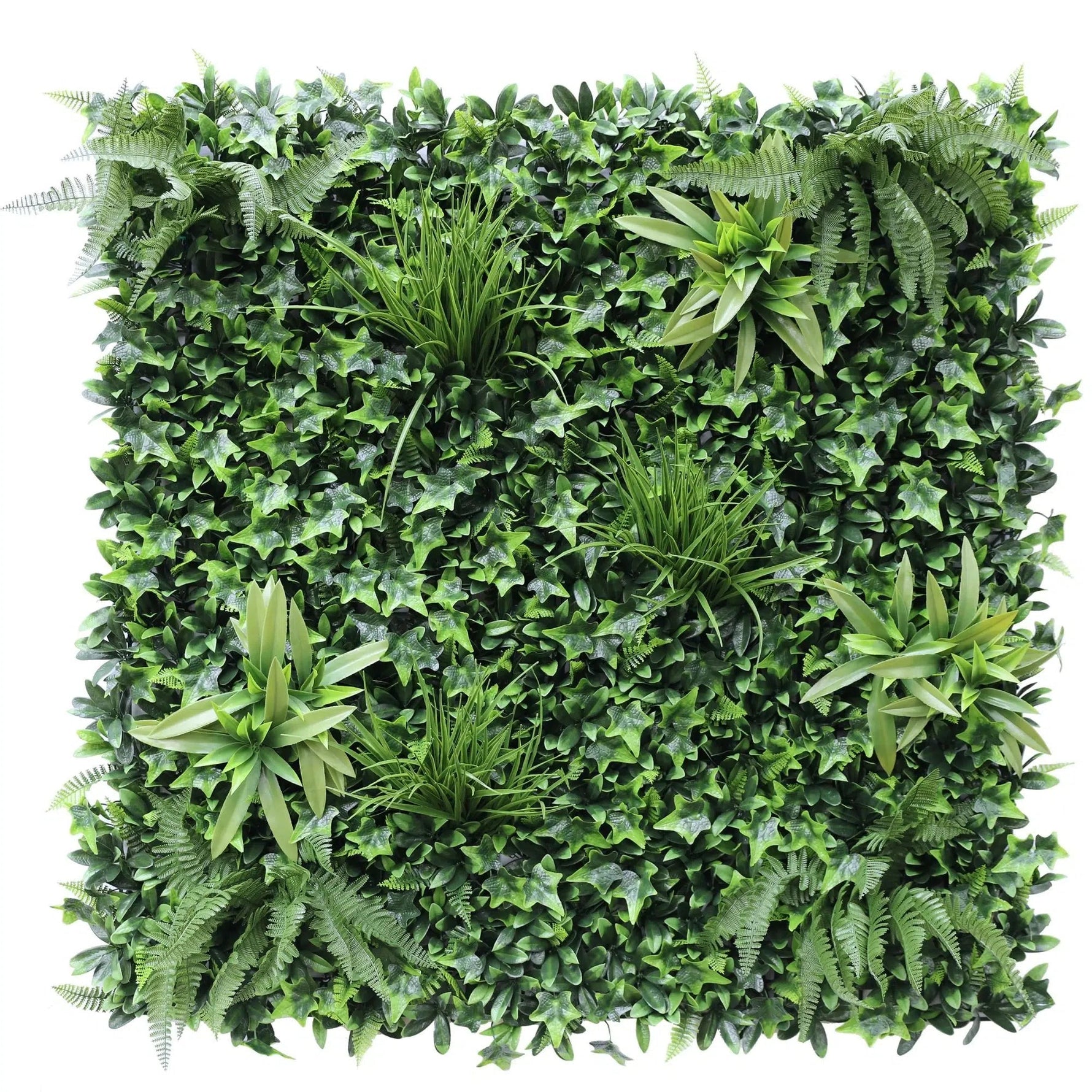 Square arrangement of artificial greenery on a white background