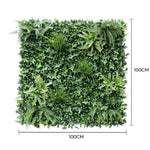 Square artificial green wall panel with dimensions on a white background