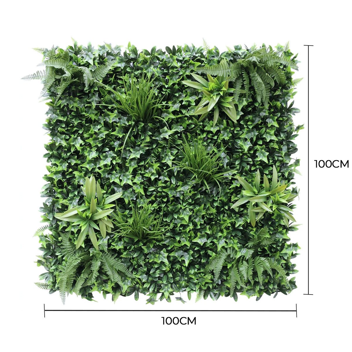 Square artificial green wall panel with dimensions on a white background