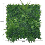 Artificial green wall panel with dimensions on a white background