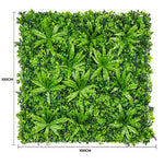 Artificial green wall panel with dimensions on a white background