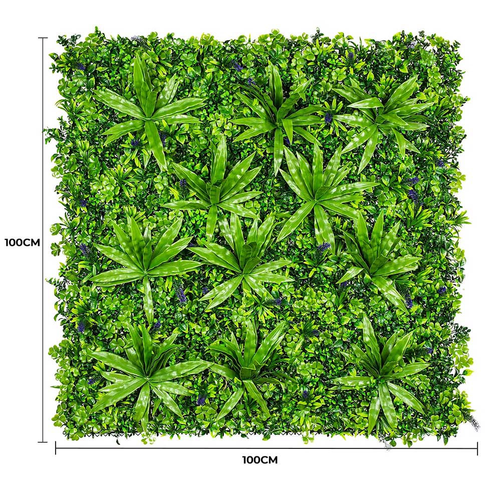 Artificial green wall panel with dimensions on a white background