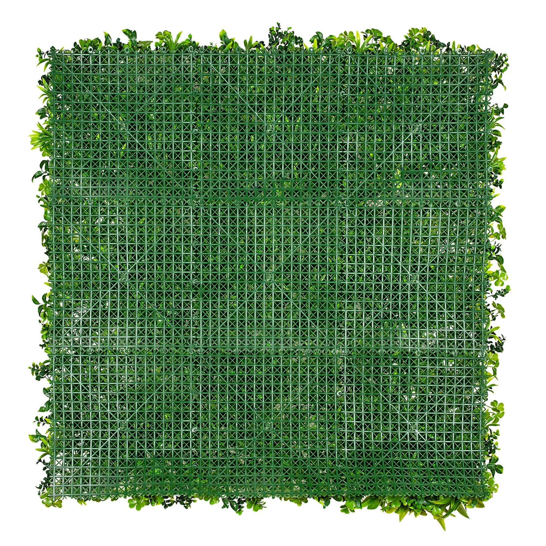 Square piece of artificial greenery with a grid pattern on a white background