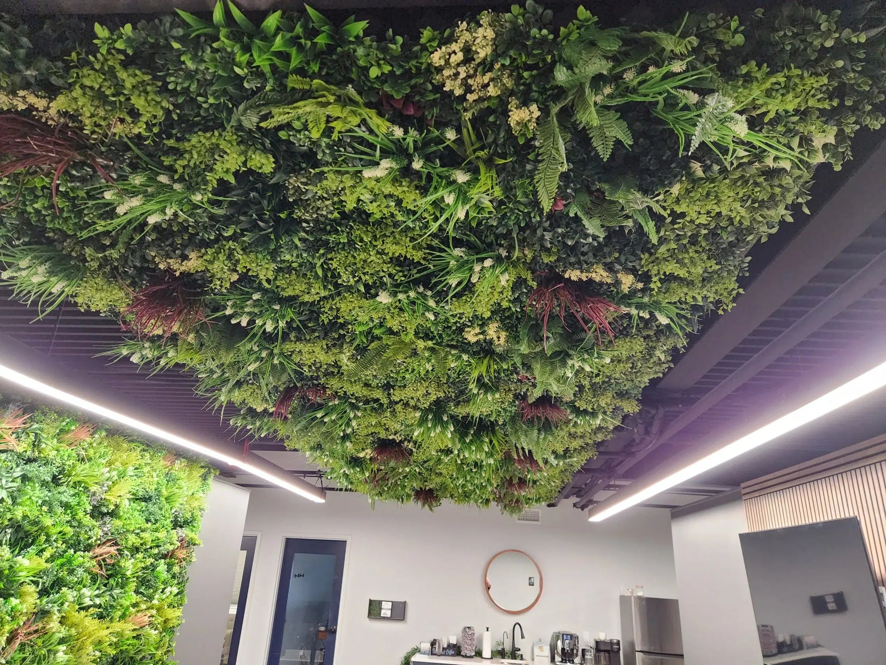 Green wall in a modern indoor setting with ceiling lights