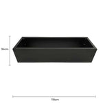 Black rectangular planter with dimensions on a white background
