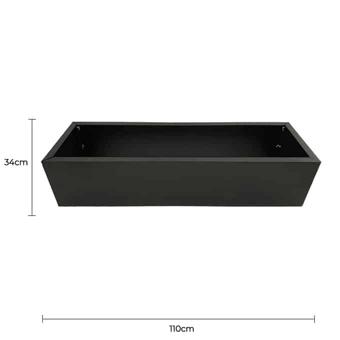 Black rectangular planter with dimensions on a white background