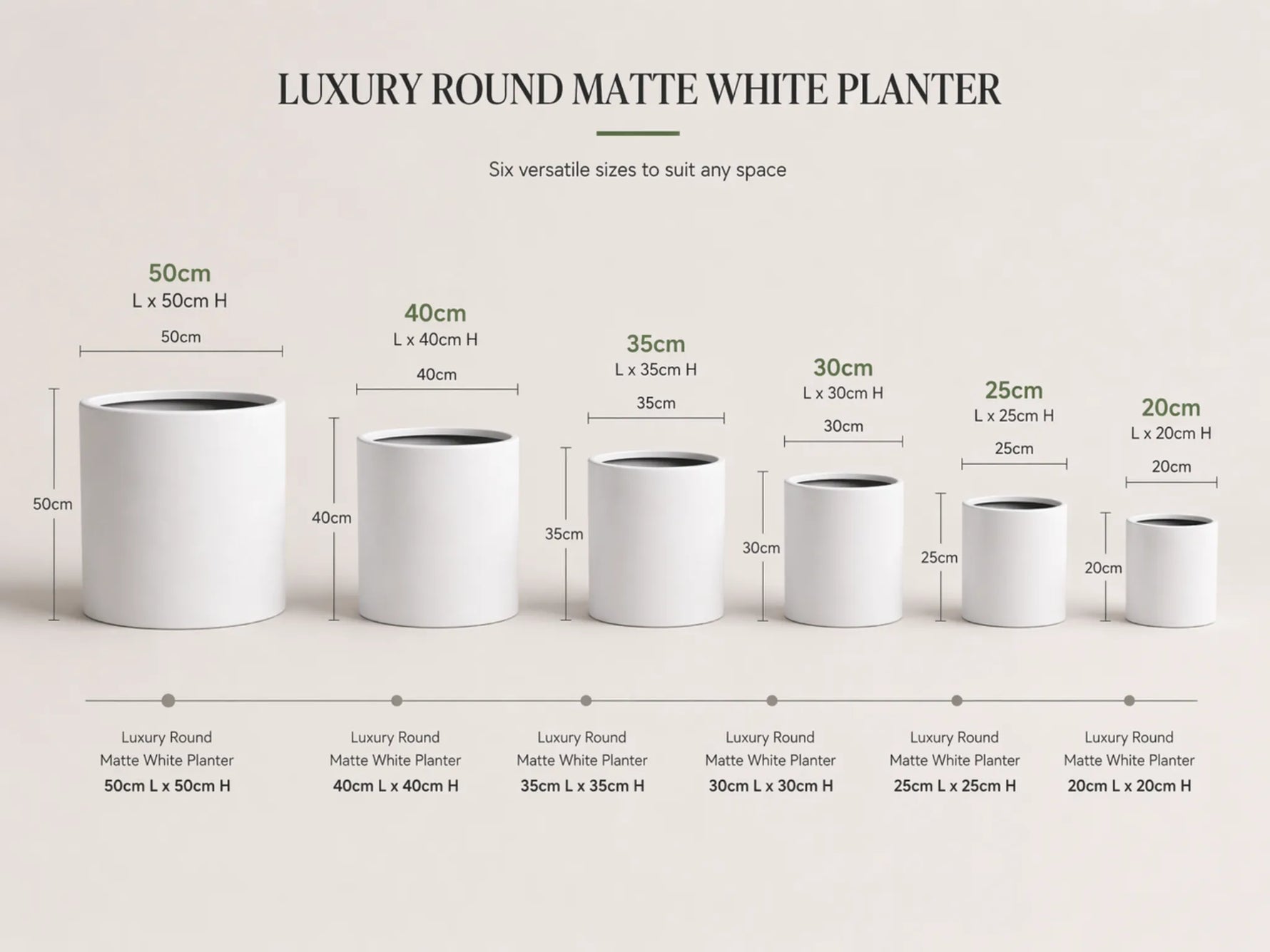 Set of white round planters with dimensions on a light background