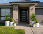 Modern house entrance with a black door and decorative plants.