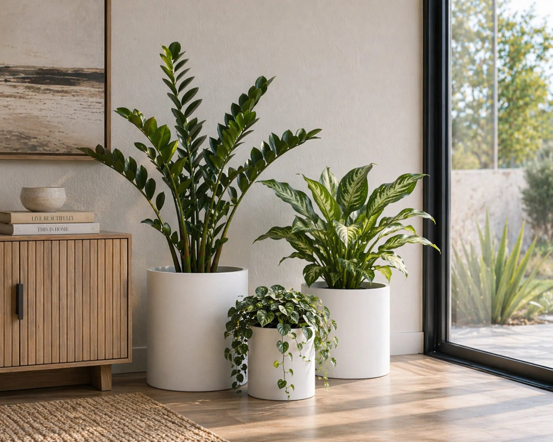 Three potted plants in a room with a wooden cabinet and a window.