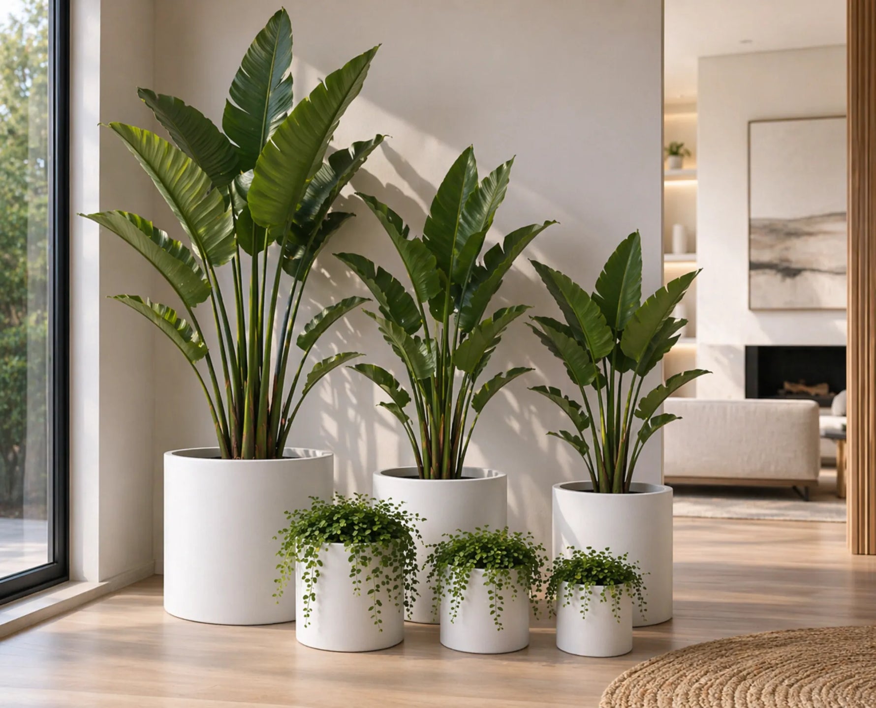 Set of potted plants in a modern living room setting