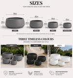 Product display of gray, black, and white planters with size and color information.