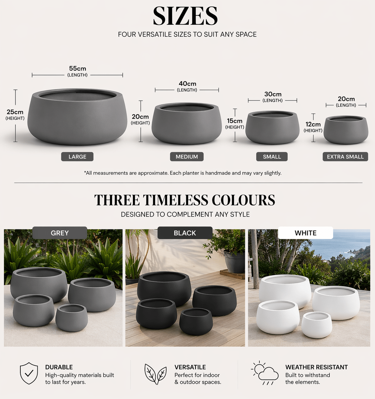 Product display of gray, black, and white planters with size and color information.