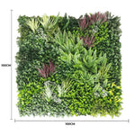 Artificial green wall panel with various plants and dimensions on a white background