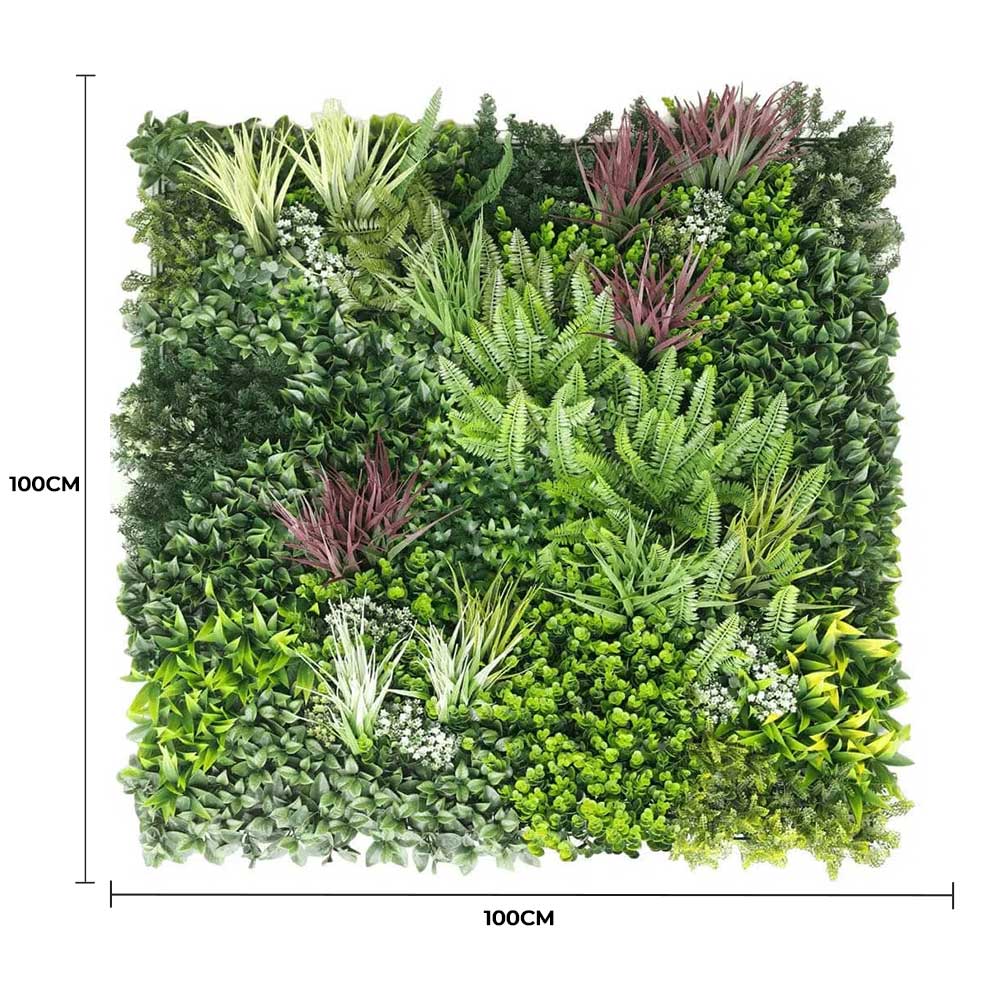 Artificial green wall panel with various plants and dimensions on a white background