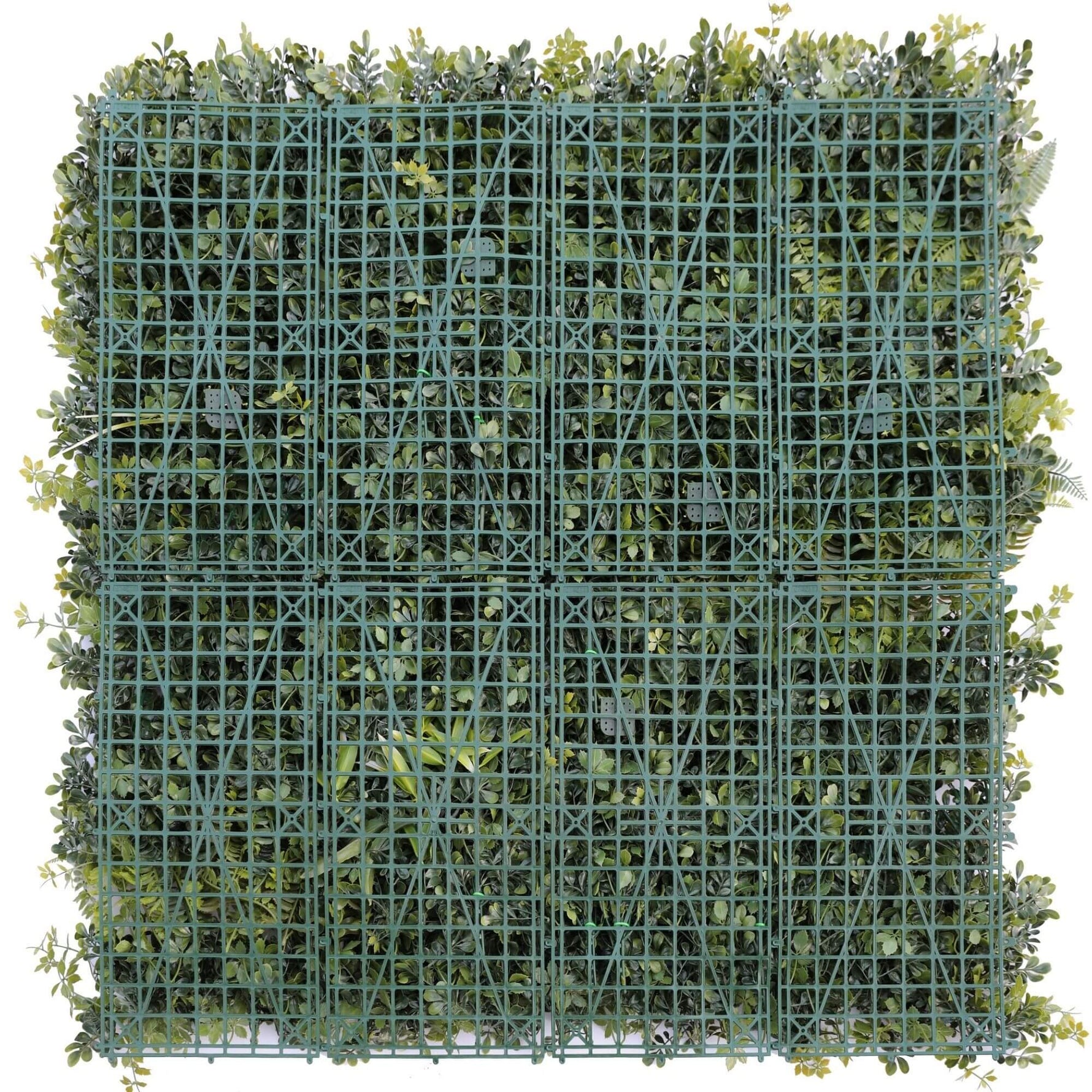 Square piece of artificial greenery with a grid pattern on a white background