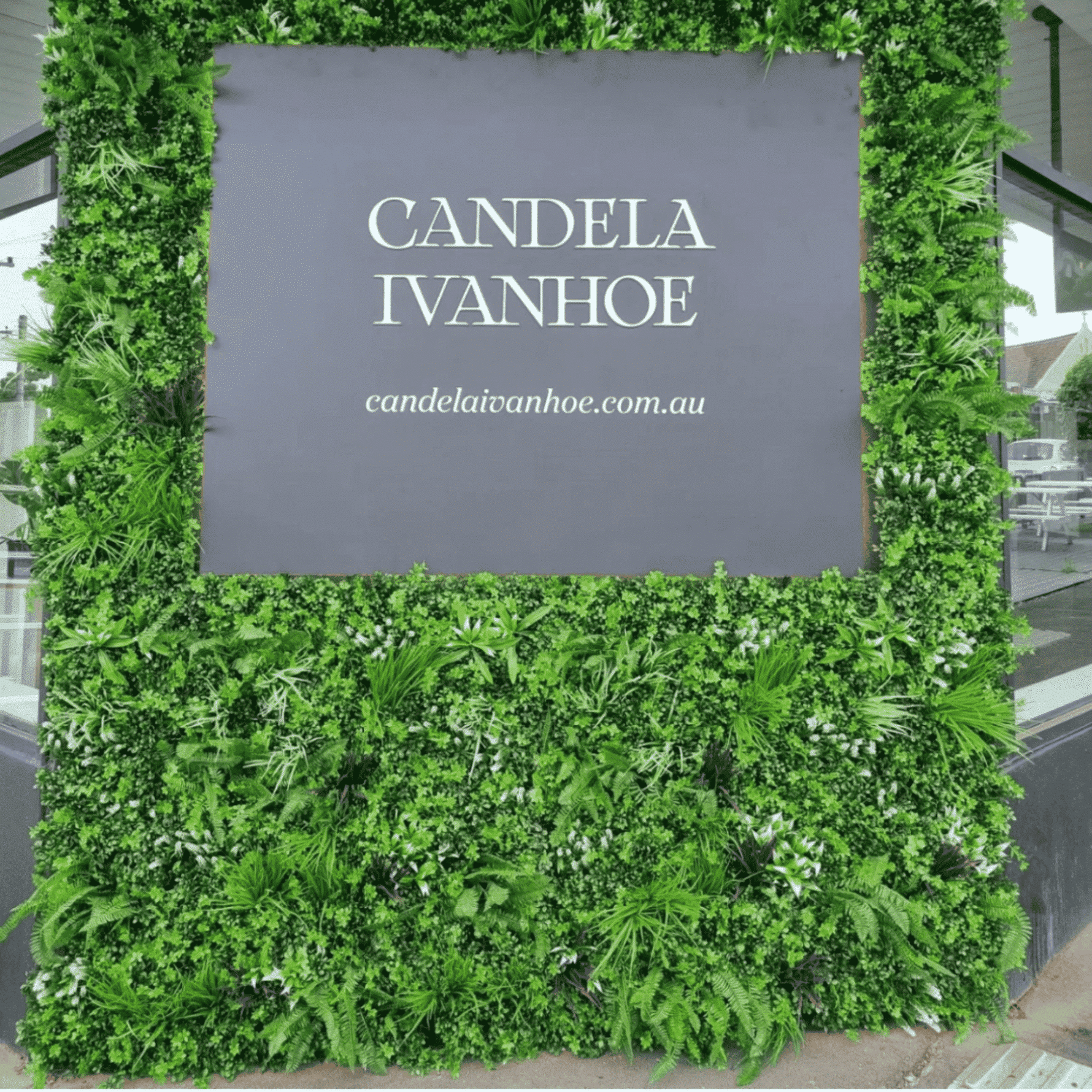 Green artificial hedge wall with a sign displaying 'Candela Ivanhoe' and website URL.