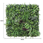Artificial green wall panel with dimensions on a white background
