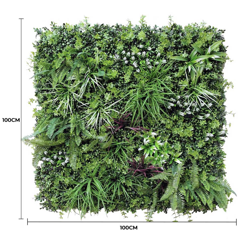Artificial green wall panel with dimensions on a white background