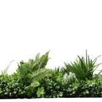 Artificial greenery border with various plants on a white background