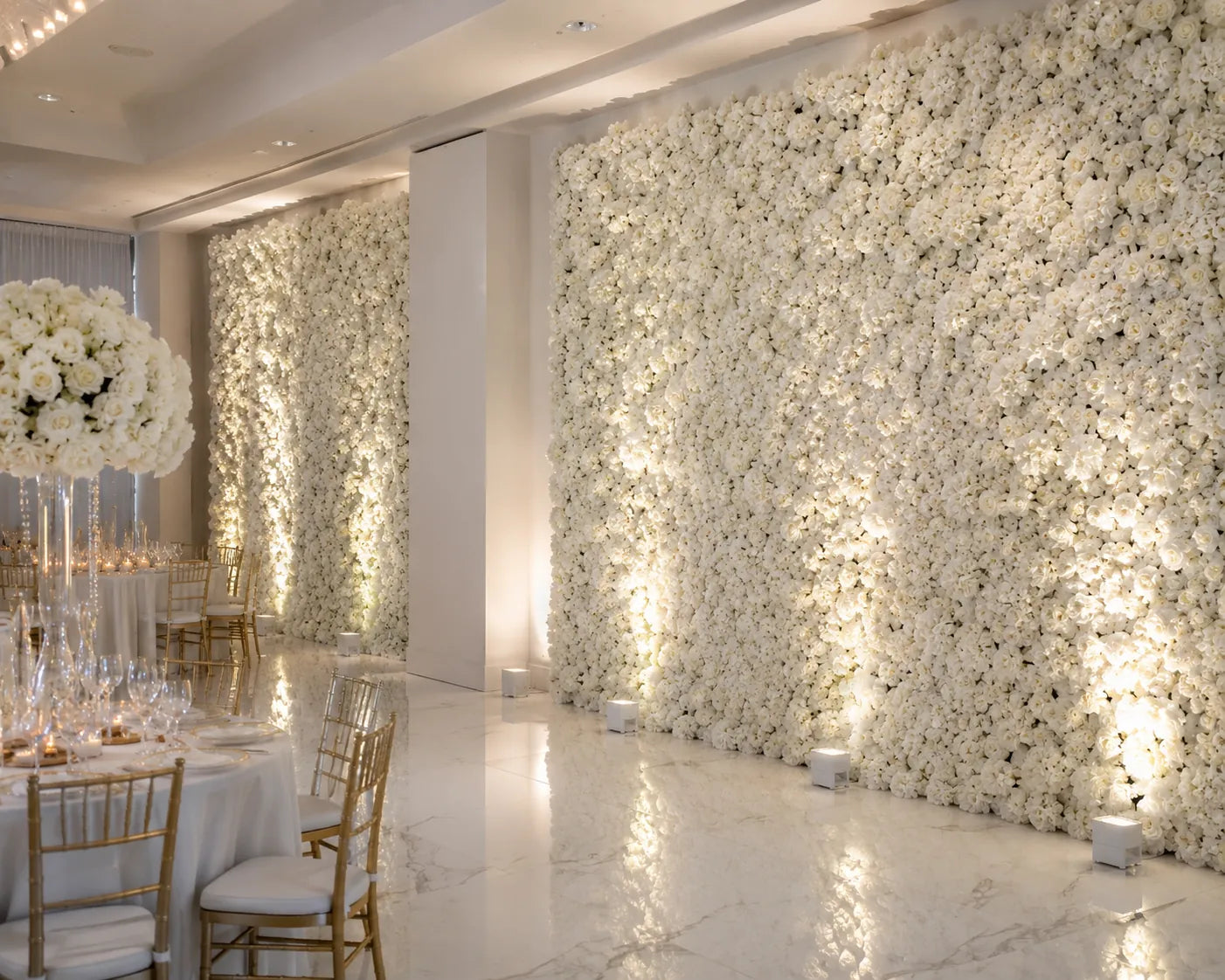 Luxury white floral wall installation event backdrop