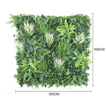 Artificial green wall panel with dimensions on a white background