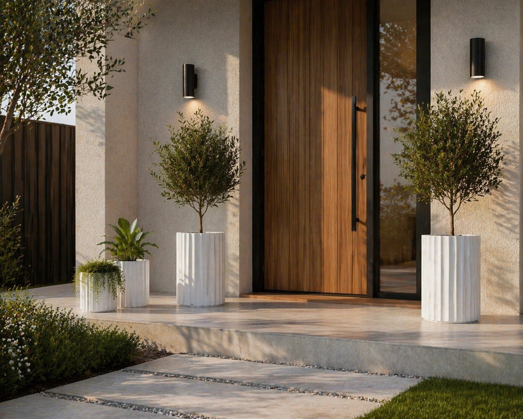 Modern house entrance with a wooden door, potted plants, and decorative lights.