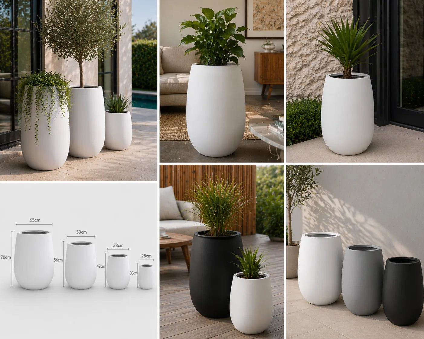 Collage of white and black planters in various settings