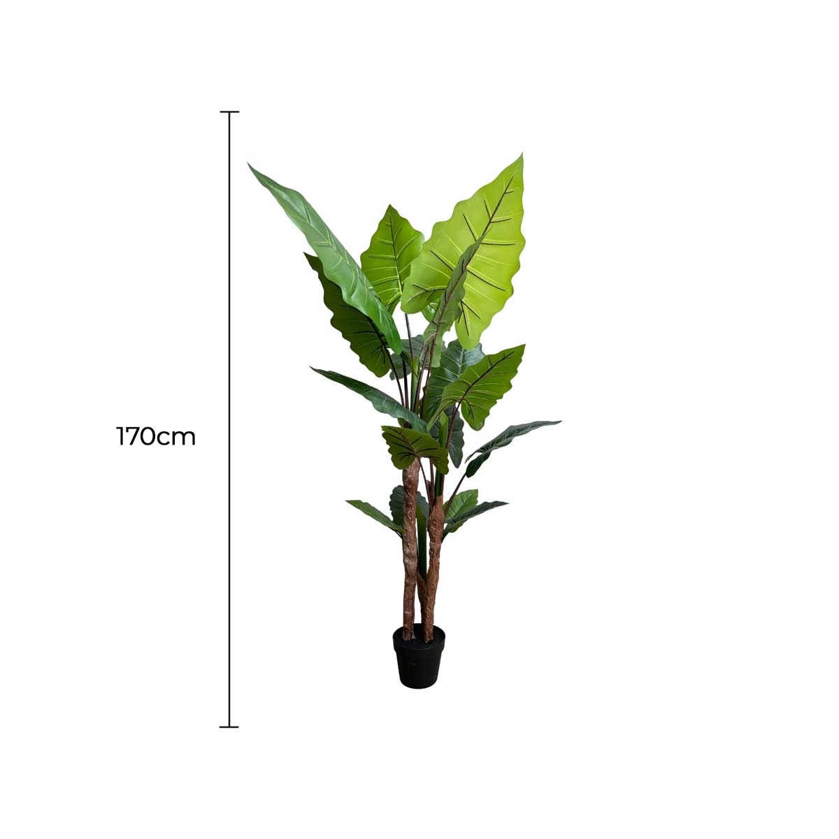 Artificial plant with dimensions indicated on a white background
