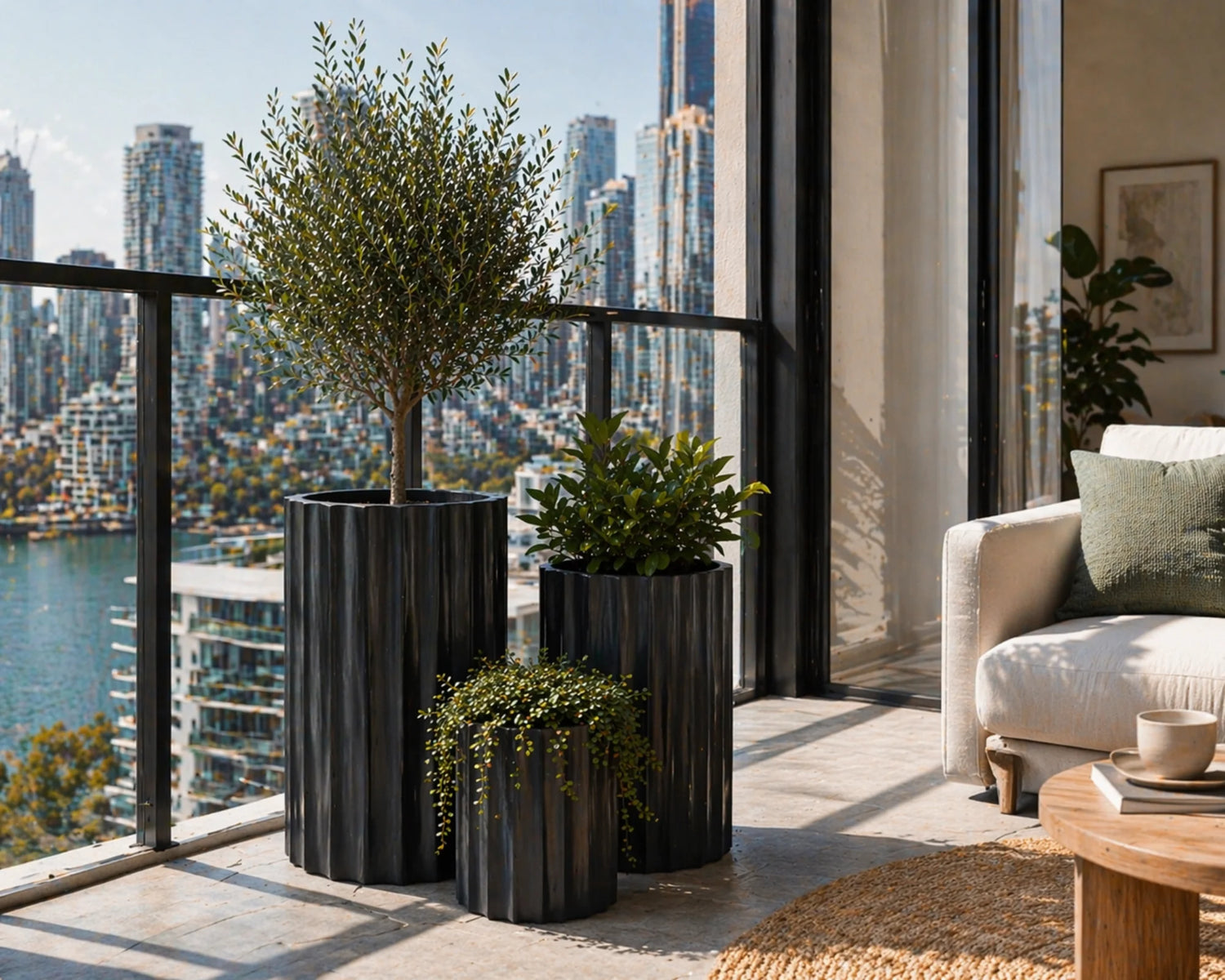 Balcony with potted plants and city skyline view