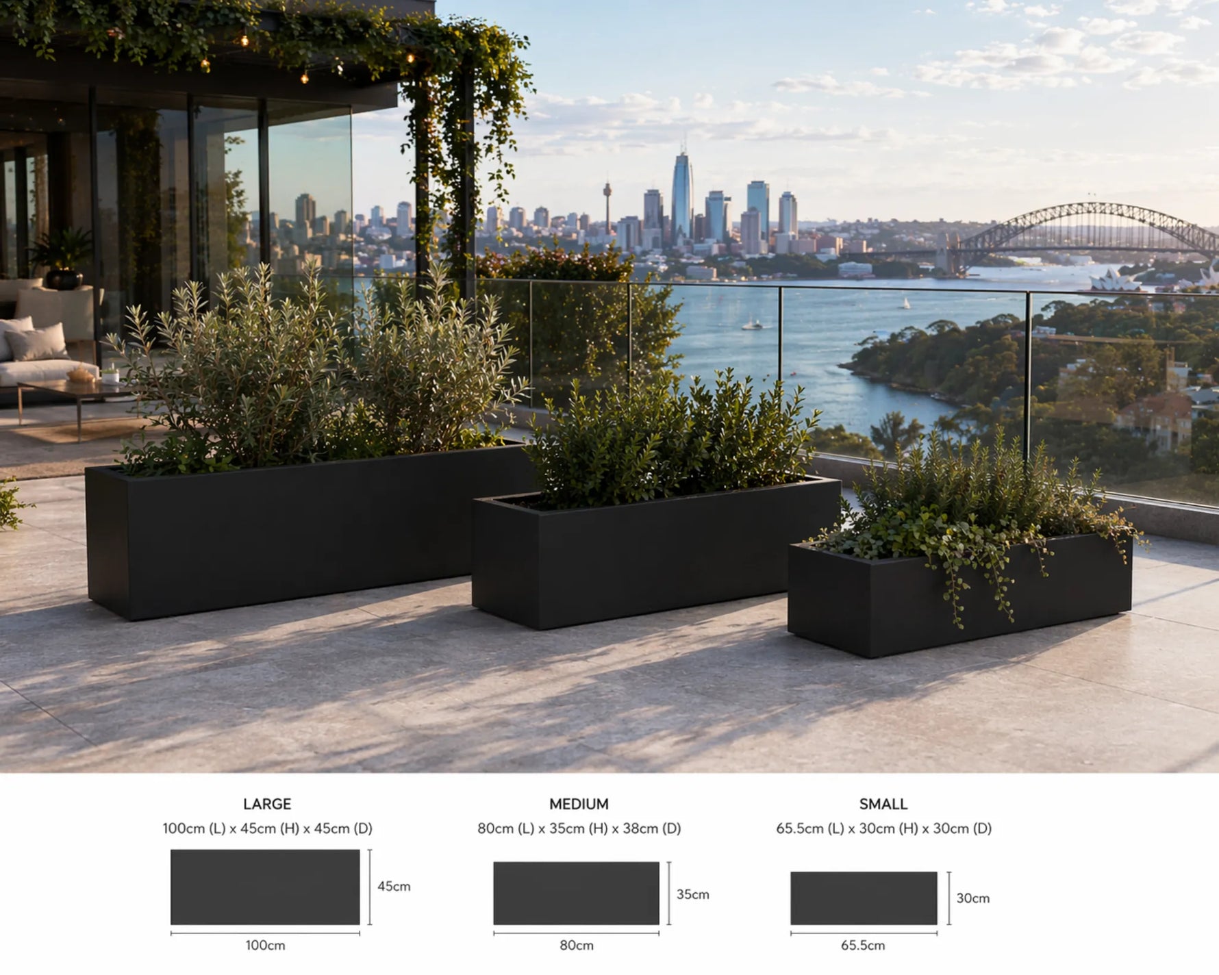 Three black rectangular planters with plants on a rooftop with a cityscape and harbor view.