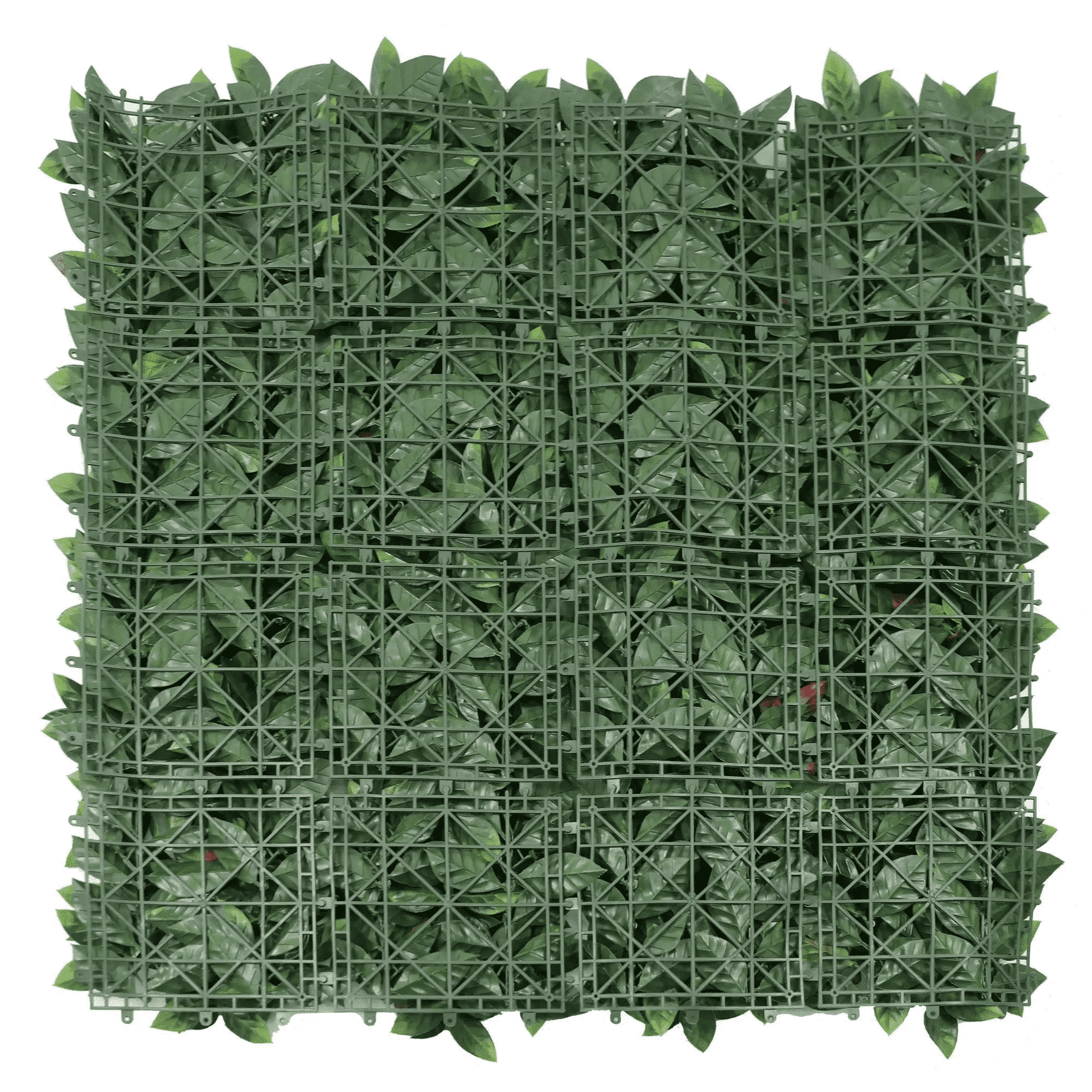 Green artificial hedge panel with a grid structure on a white background
