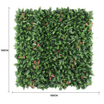 Artificial green wall panel with dimensions on a white background