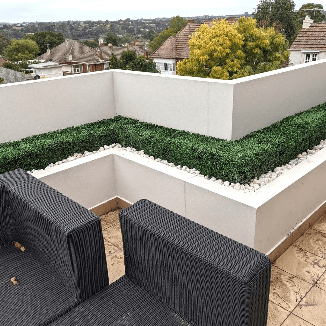 Portable Boxwood Hedge 100cm x 25cm - UVTEX Certified UV Resistant - Designer Vertical Gardens artificial green wall sydney artificial hedge fence panels