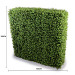 Artificial green wall panel with dimensions on a white background