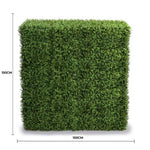 Square artificial hedge panel with dimensions on a white background