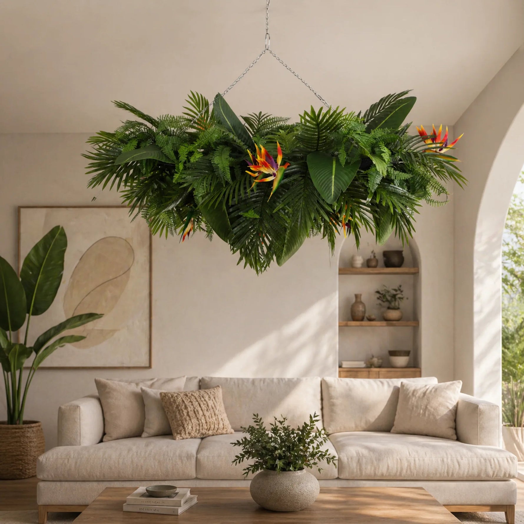 Decorative plant chandelier hanging above a living room with a beige sofa and plants.