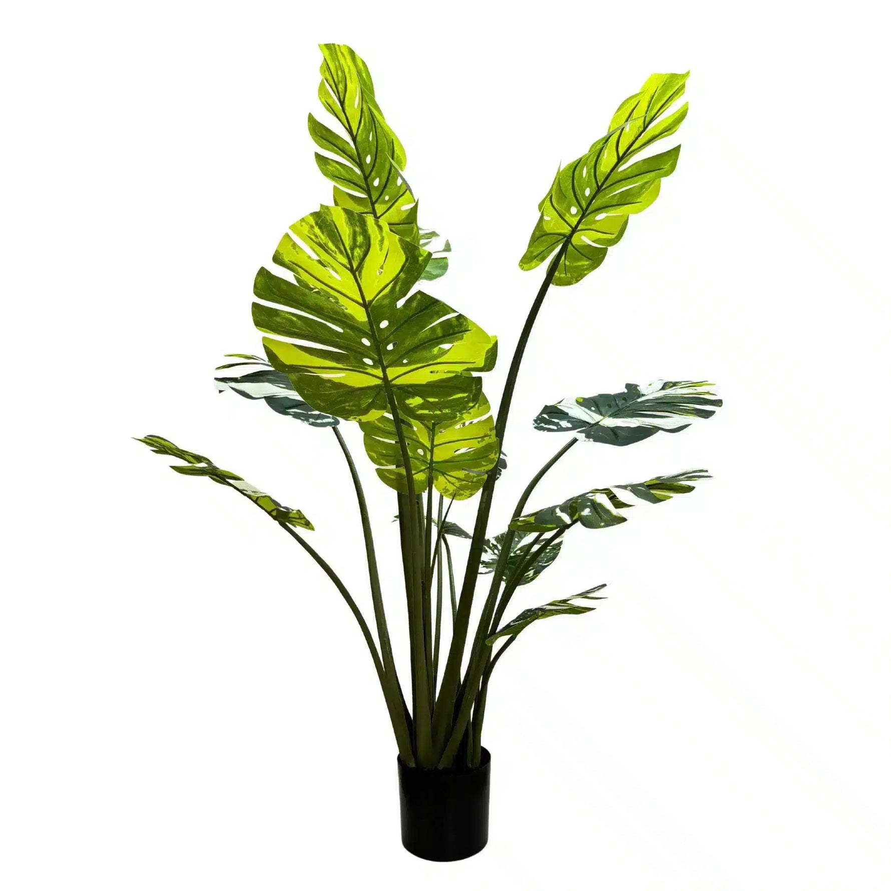 Artificial potted plant with large green leaves on a white background