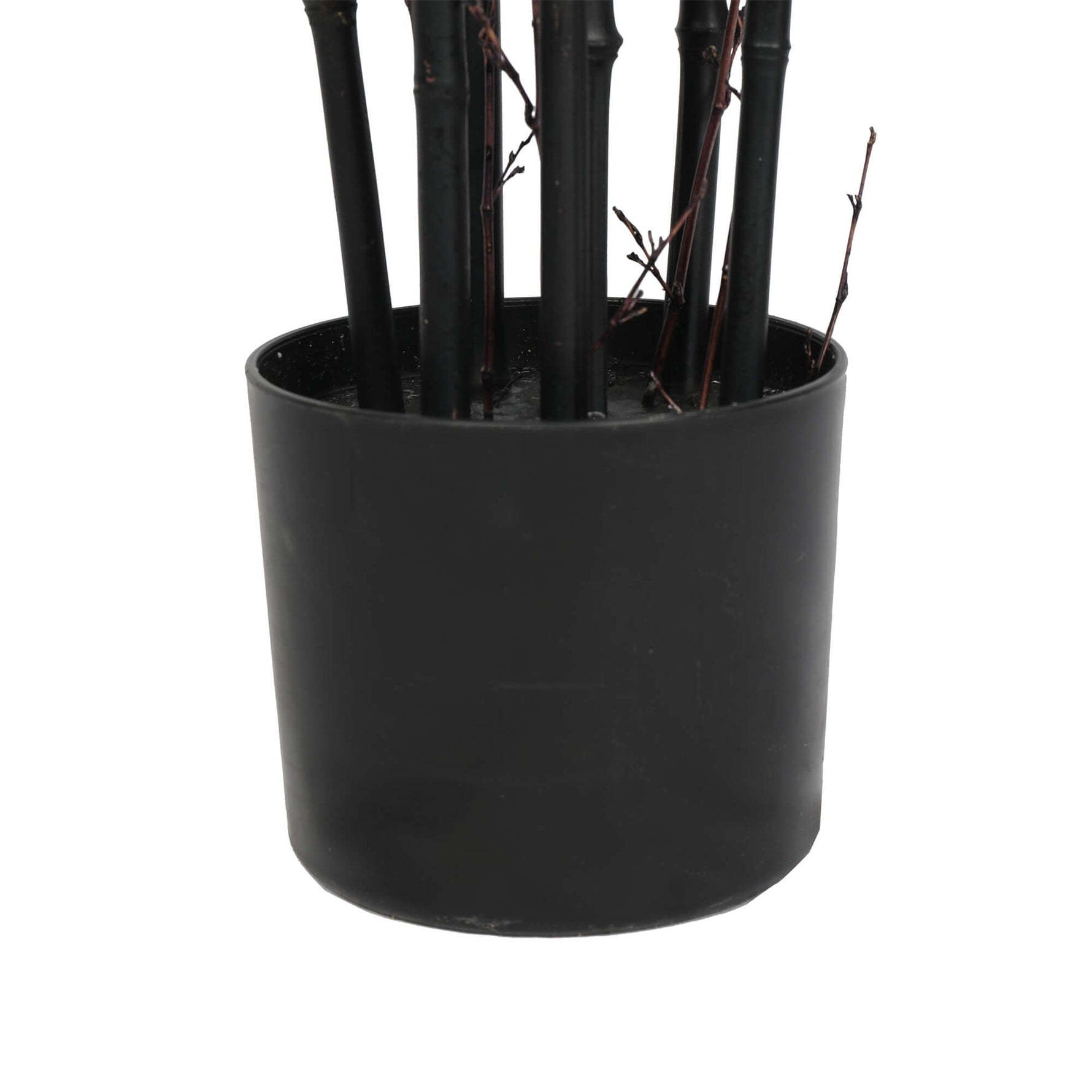 Black cylindrical pot with black sticks inside on a white background
