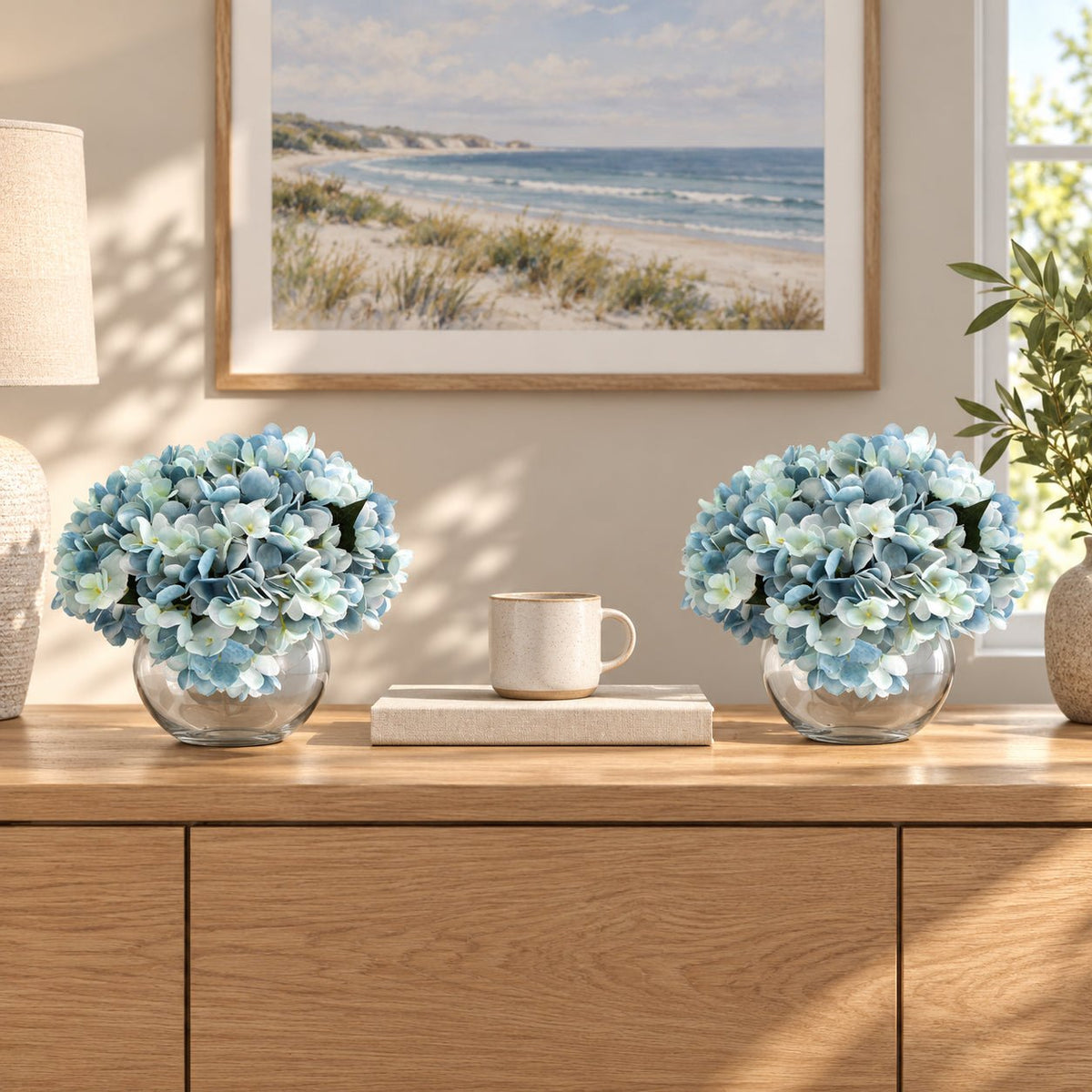 Premium Faux Hydrangea With Glass Vase (Artificial Flowering Blue Hydrangea) 23cm - Designer Vertical Gardens Artificial Trees Flowering plants