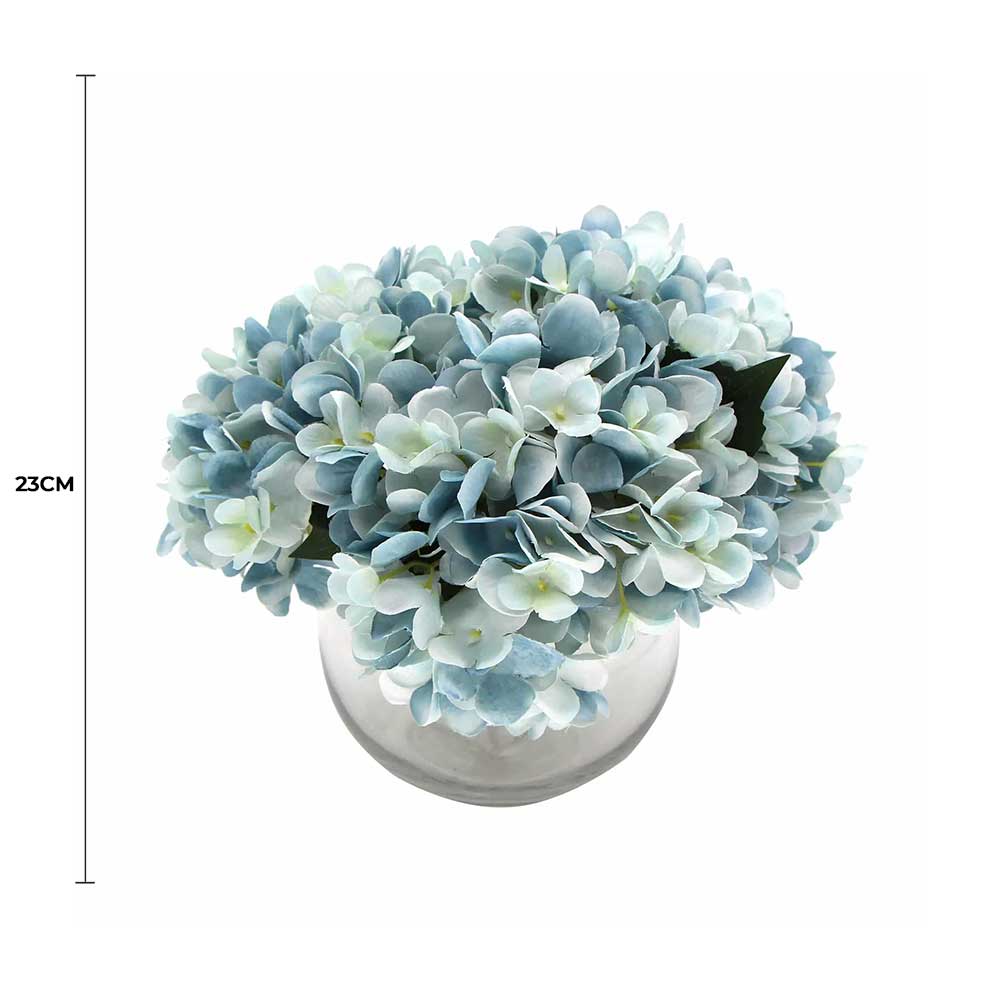 Premium Faux Hydrangea With Glass Vase (Artificial Flowering Blue Hydrangea) 23cm — gallery image