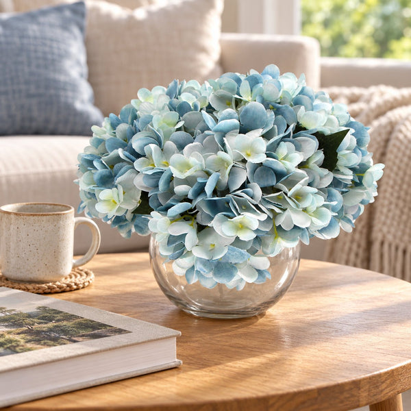 Premium Faux Hydrangea With Glass Vase (Artificial Flowering Blue Hydrangea) 23cm — gallery image 8